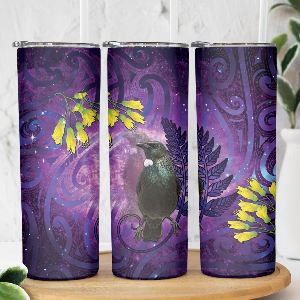 New Zealand Tui Bird Matariki Skinny Tumbler Kowhai Flower Silver Fern Galaxy Maori Pattern LT22 - Polynesian Pride