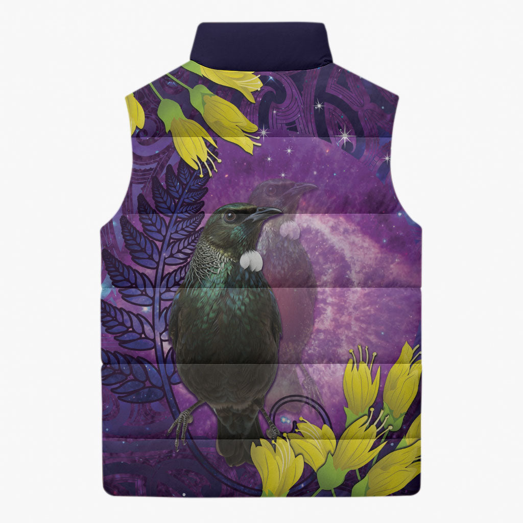 New Zealand Tui Bird Matariki Sleeveless Puffer Jacket Kowhai Flower Silver Fern Galaxy Maori Pattern