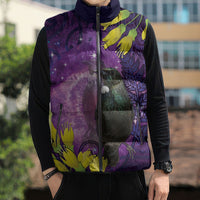 New Zealand Tui Bird Matariki Sleeveless Puffer Jacket Kowhai Flower Silver Fern Galaxy Maori Pattern