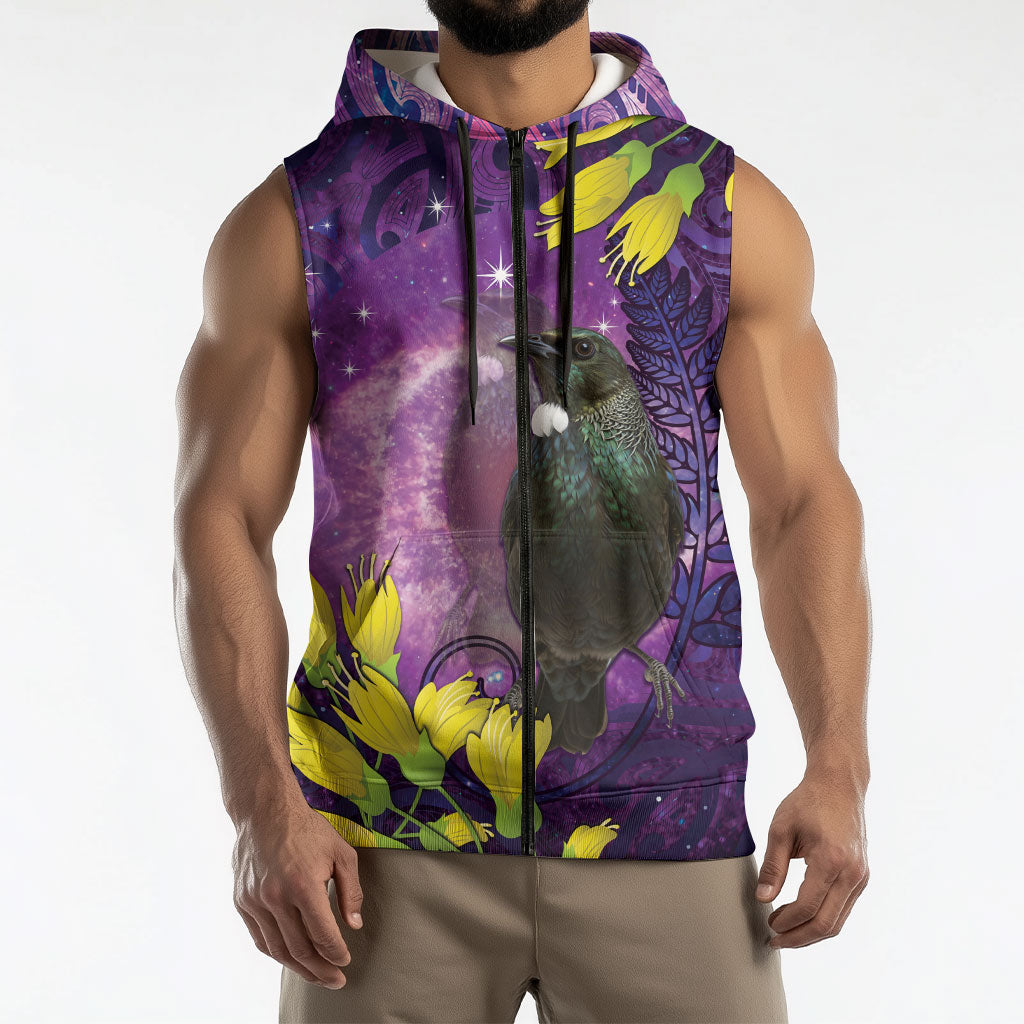 New Zealand Tui Bird Matariki Sleeveless Zip Hoodie Kowhai Flower Silver Fern Galaxy Maori Pattern LT22 - Polynesian Pride