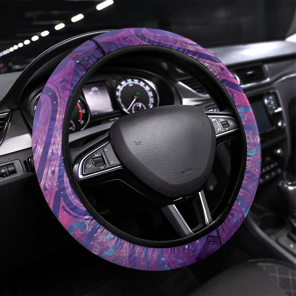 New Zealand Tui Bird Matariki Steering Wheel Cover Kowhai Flower Silver Fern Galaxy Maori Pattern LT22 Universal Fit Purple - Polynesian Pride