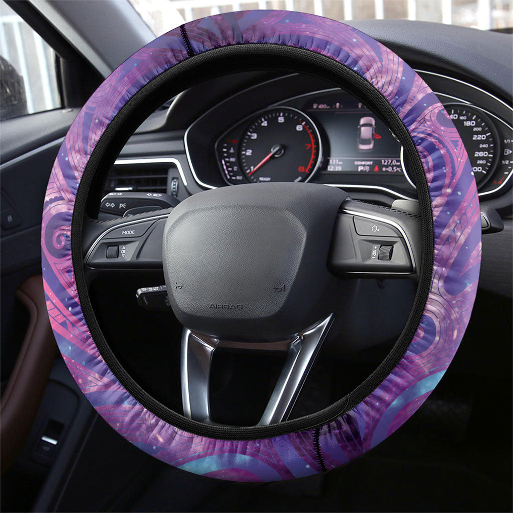 New Zealand Tui Bird Matariki Steering Wheel Cover Kowhai Flower Silver Fern Galaxy Maori Pattern LT22 - Polynesian Pride