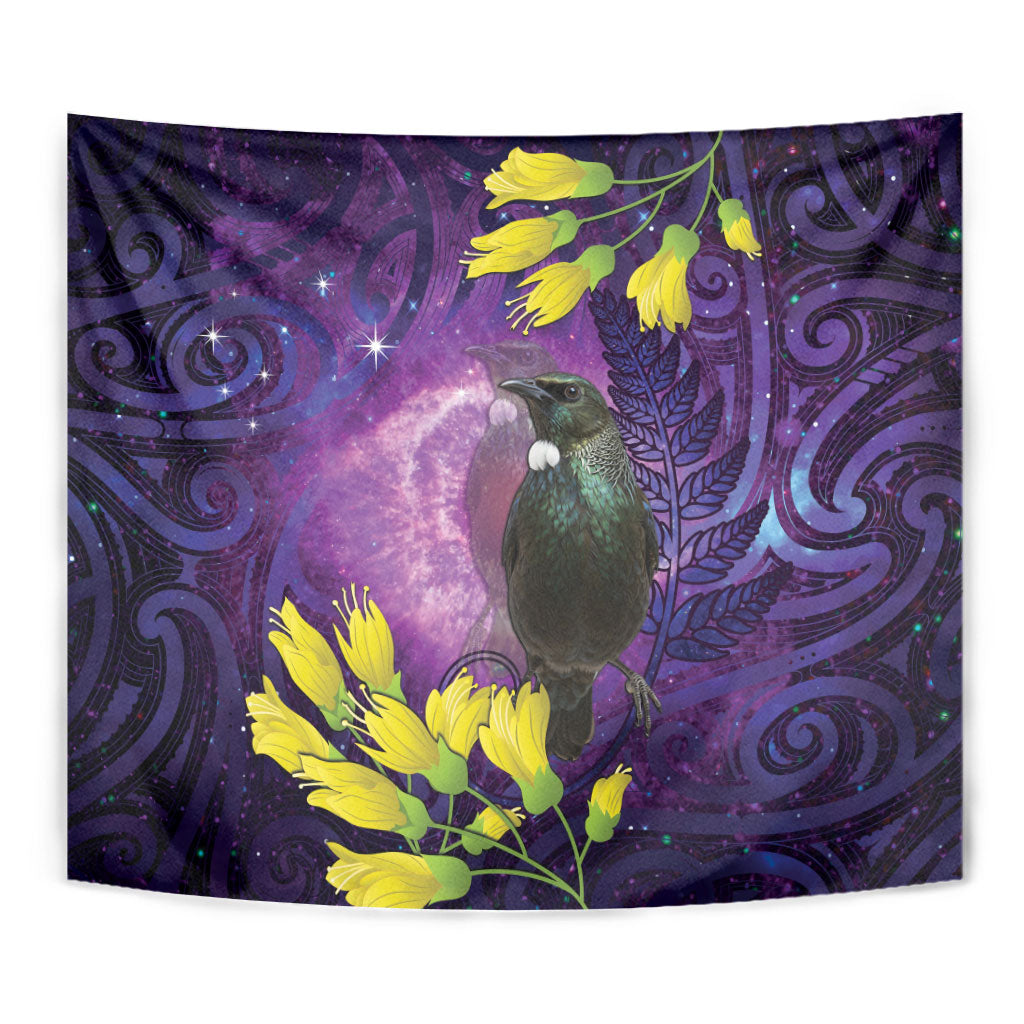 New Zealand Tui Bird Matariki Tapestry Kowhai Flower Silver Fern Galaxy Maori Pattern