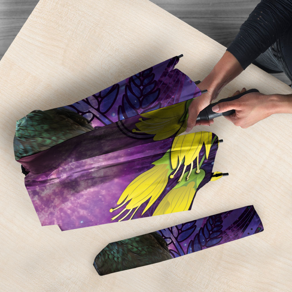 New Zealand Tui Bird Matariki Umbrella Kowhai Flower Silver Fern Galaxy Maori Pattern