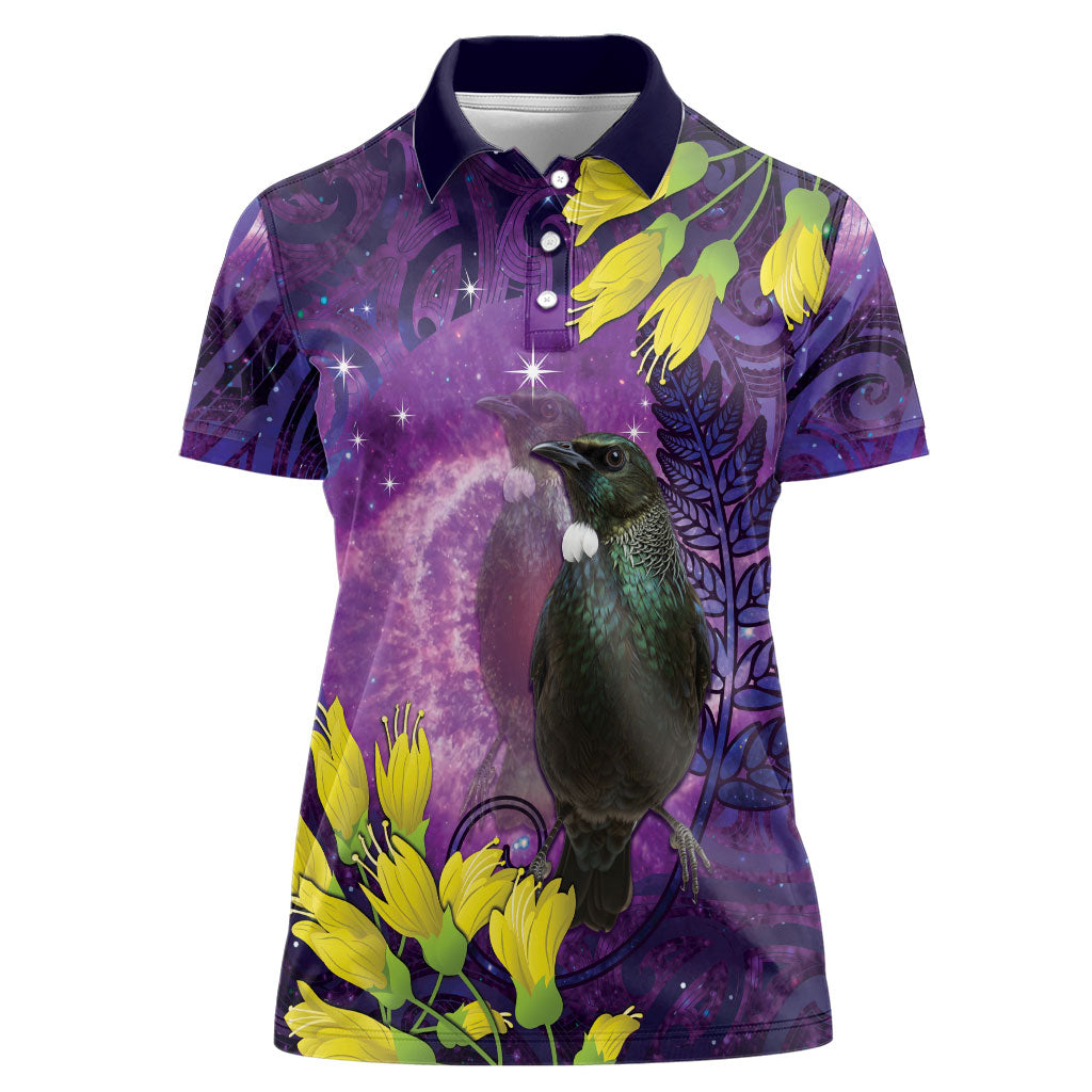 New Zealand Tui Bird Matariki Women Polo Shirt Kowhai Flower Silver Fern Galaxy Maori Pattern LT22 Female Purple - Polynesian Pride