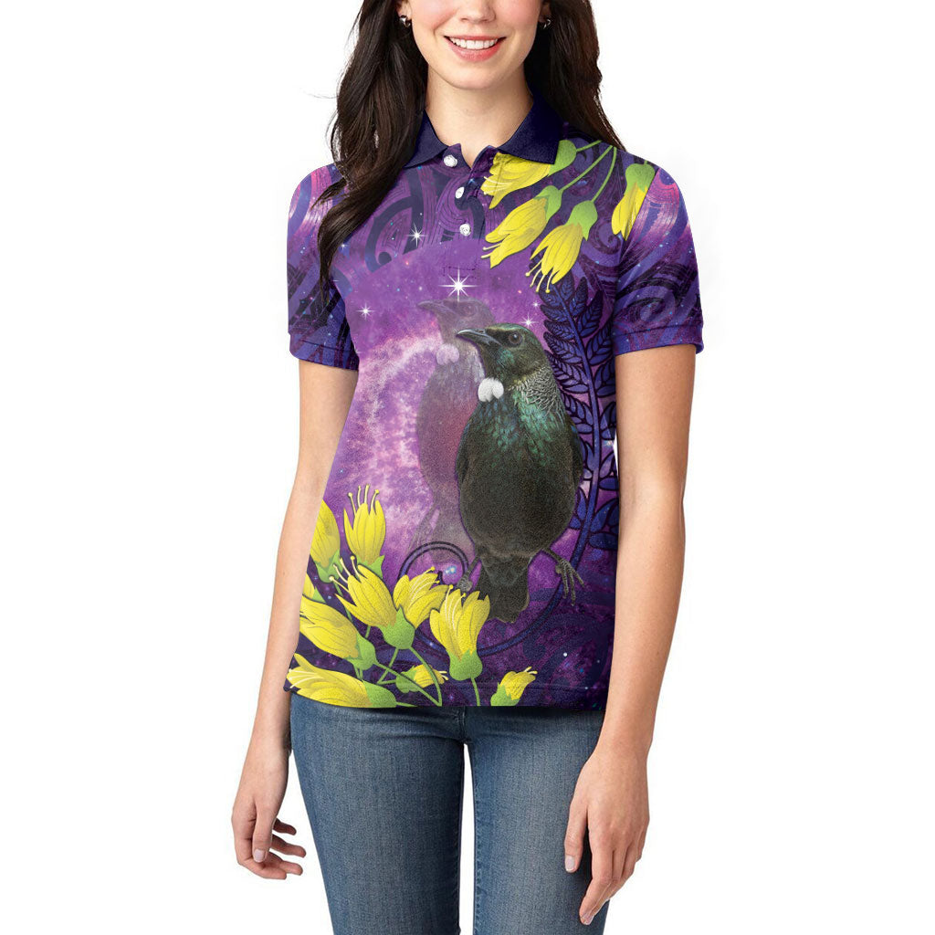 New Zealand Tui Bird Matariki Women Polo Shirt Kowhai Flower Silver Fern Galaxy Maori Pattern LT22 - Polynesian Pride