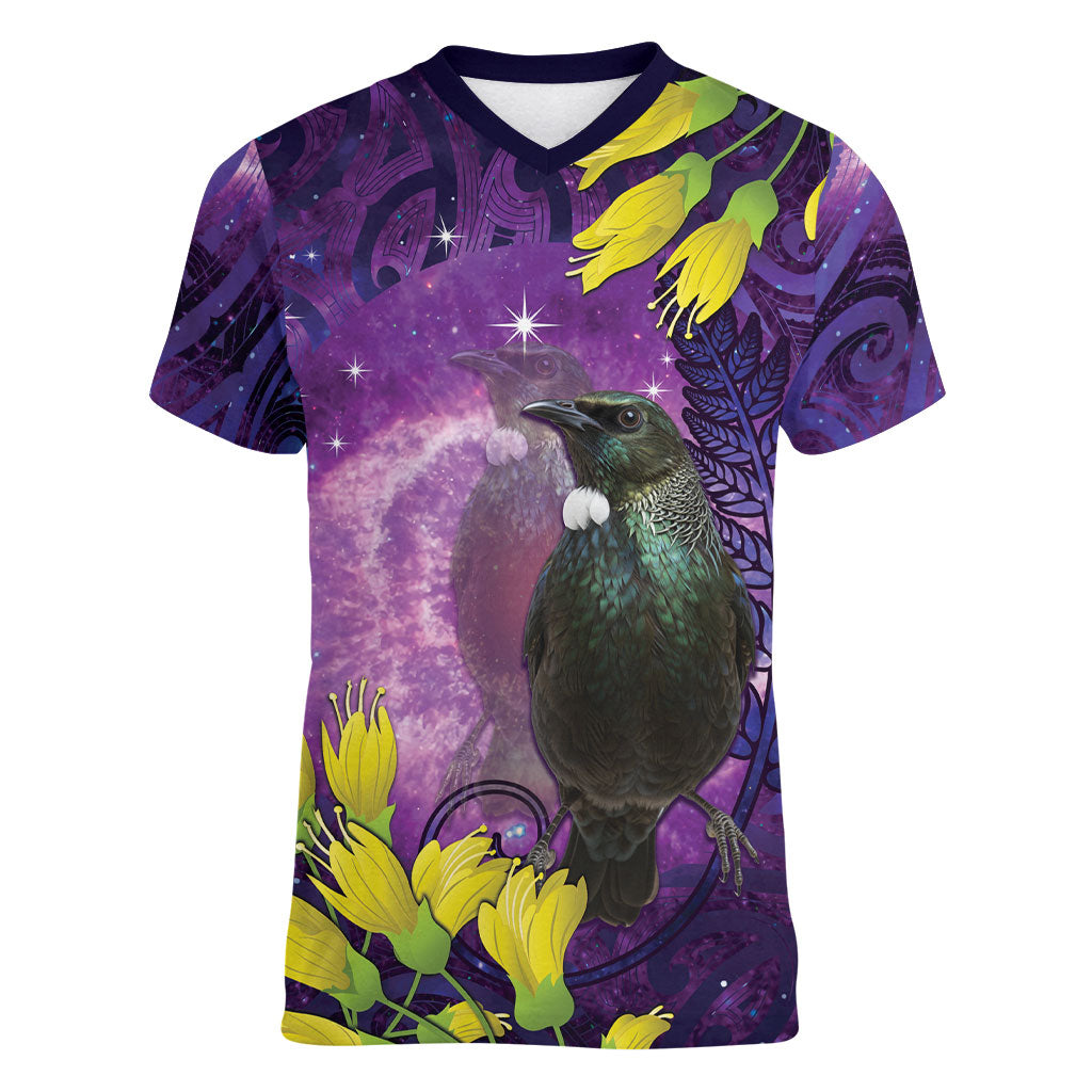 New Zealand Tui Bird Matariki Women V-Neck T-Shirt Kowhai Flower Silver Fern Galaxy Maori Pattern LT22 Female Purple - Polynesian Pride