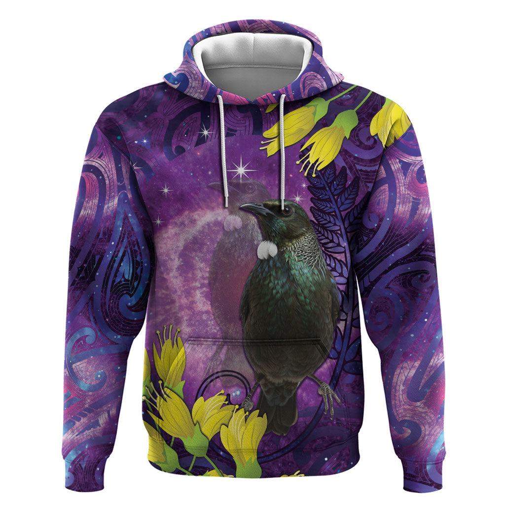 New Zealand Tui Bird Matariki Zip Hoodie Kowhai Flower Silver Fern Galaxy Maori Pattern