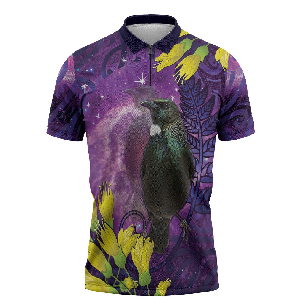 New Zealand Tui Bird Matariki Zipper Polo Shirt Kowhai Flower Silver Fern Galaxy Maori Pattern