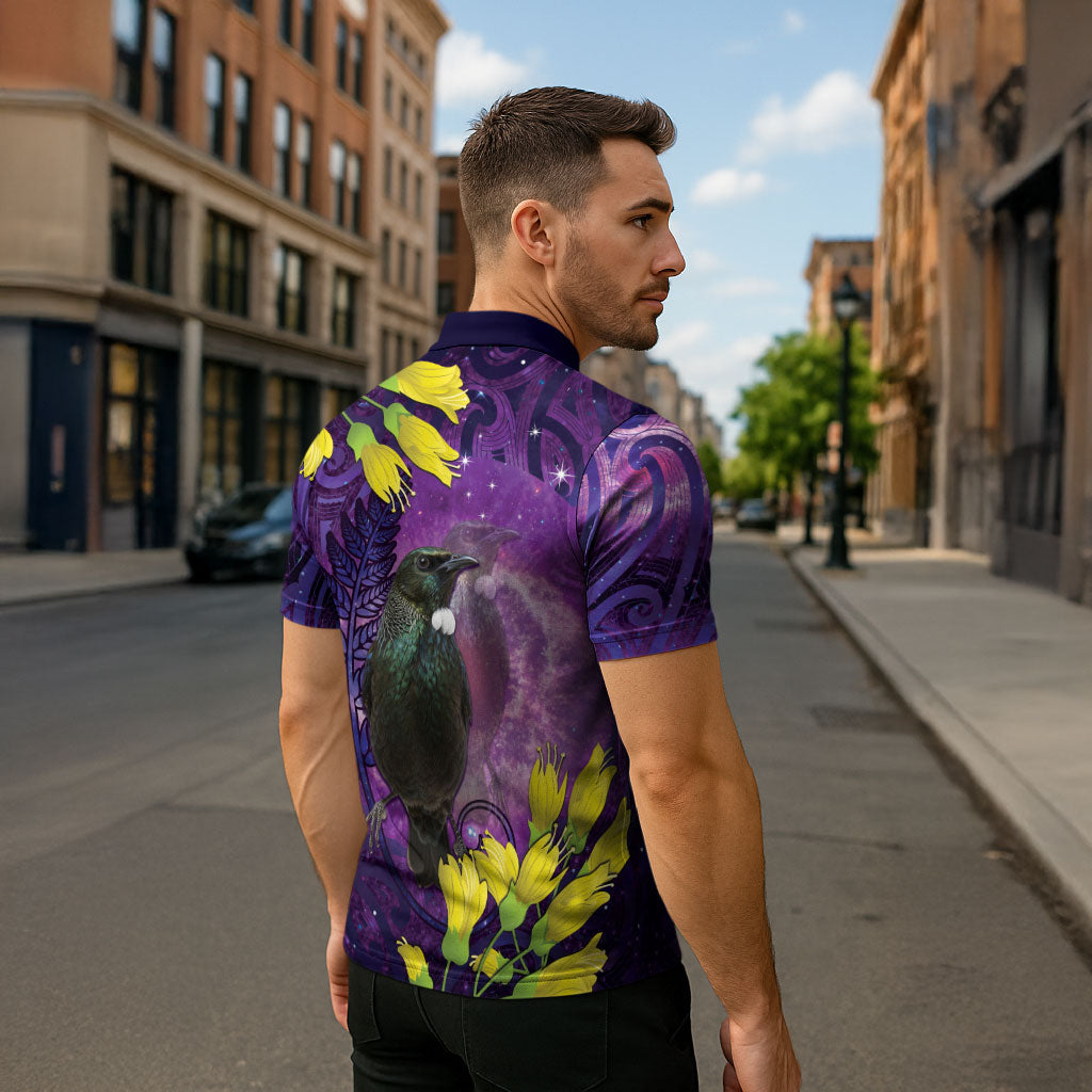 New Zealand Tui Bird Matariki Zipper Polo Shirt Kowhai Flower Silver Fern Galaxy Maori Pattern LT22 - Polynesian Pride