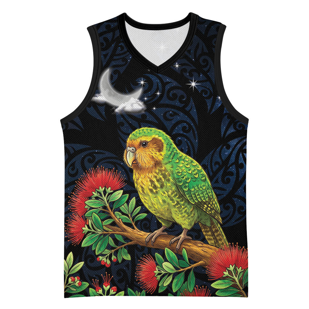 New Zealand Kakapo Matariki Personalised Basketball Jersey Pohutukawa Flower Galaxy Maori Pattern