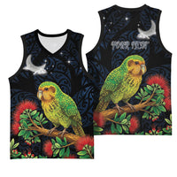 New Zealand Kakapo Matariki Personalised Basketball Jersey Pohutukawa Flower Galaxy Maori Pattern