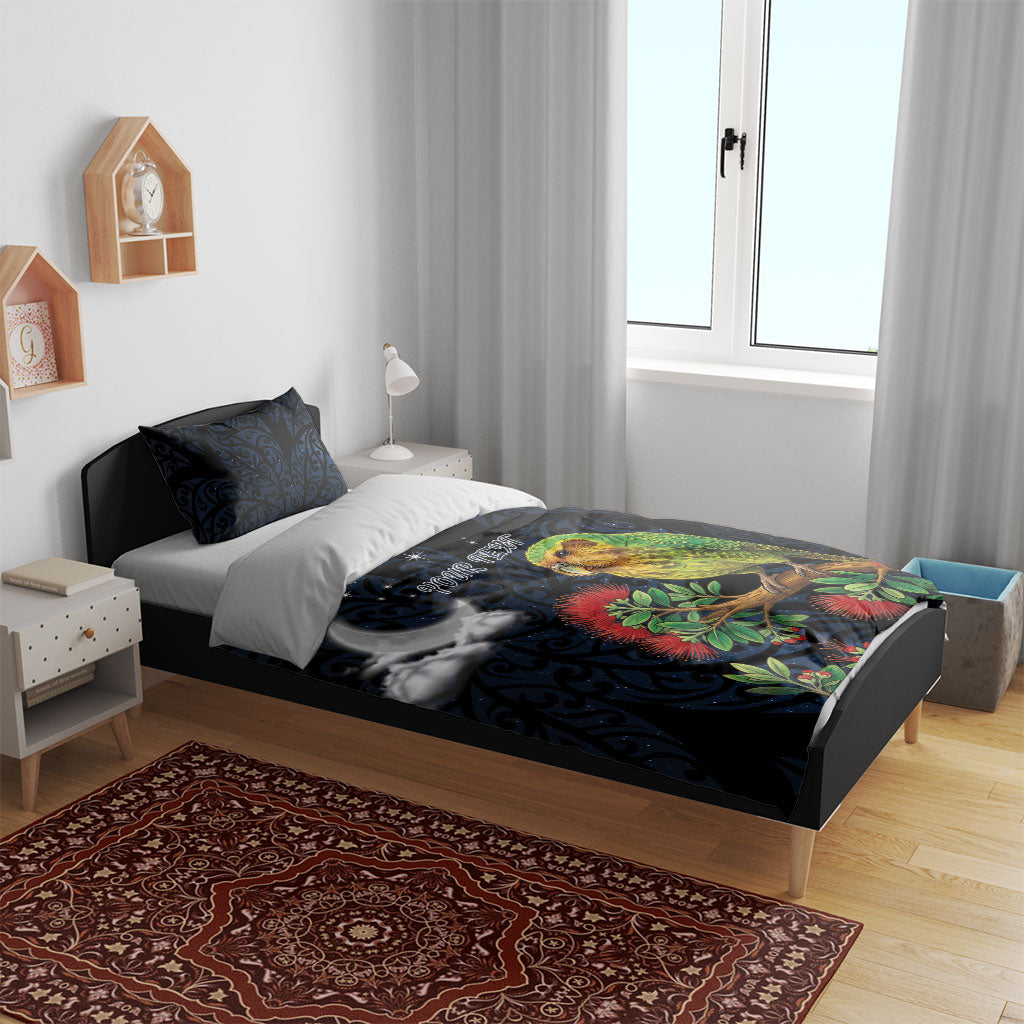 New Zealand Kakapo Matariki Personalised Bedding Set Pohutukawa Flower Galaxy Maori Pattern