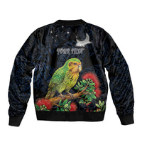 New Zealand Kakapo Matariki Personalised Bomber Jacket Pohutukawa Flower Galaxy Maori Pattern