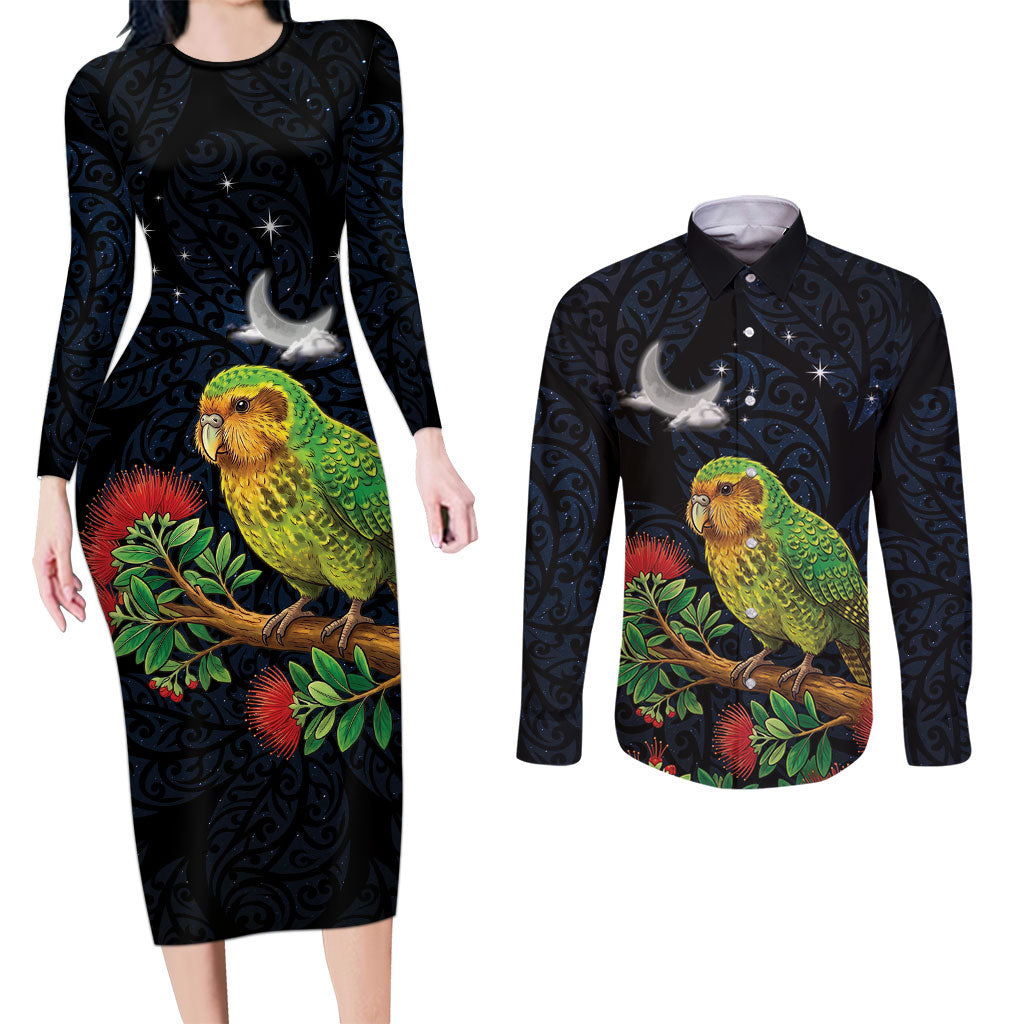 New Zealand Kakapo Matariki Personalised Couples Matching Long Sleeve Bodycon Dress and Long Sleeve Button Shirt Pohutukawa Flower Galaxy Maori Pattern LT22 Black - Polynesian Pride