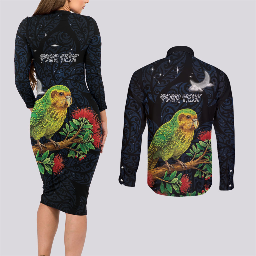 New Zealand Kakapo Matariki Personalised Couples Matching Long Sleeve Bodycon Dress and Long Sleeve Button Shirt Pohutukawa Flower Galaxy Maori Pattern LT22 - Polynesian Pride
