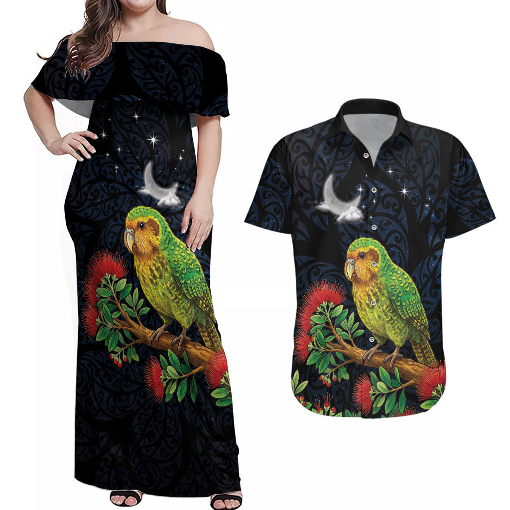 New Zealand Kakapo Matariki Personalised Couples Matching Off Shoulder Maxi Dress and Hawaiian Shirt Pohutukawa Flower Galaxy Maori Pattern