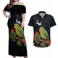 New Zealand Kakapo Matariki Personalised Couples Matching Off Shoulder Maxi Dress and Hawaiian Shirt Pohutukawa Flower Galaxy Maori Pattern LT22 Black - Polynesian Pride