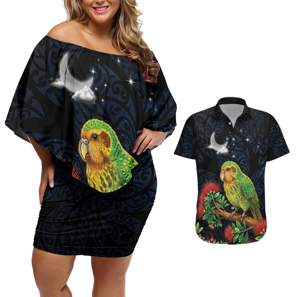 New Zealand Kakapo Matariki Personalised Couples Matching Off Shoulder Short Dress and Hawaiian Shirt Pohutukawa Flower Galaxy Maori Pattern
