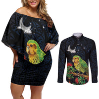 New Zealand Kakapo Matariki Personalised Couples Matching Off Shoulder Short Dress and Long Sleeve Button Shirt Pohutukawa Flower Galaxy Maori Pattern LT22 Black - Polynesian Pride