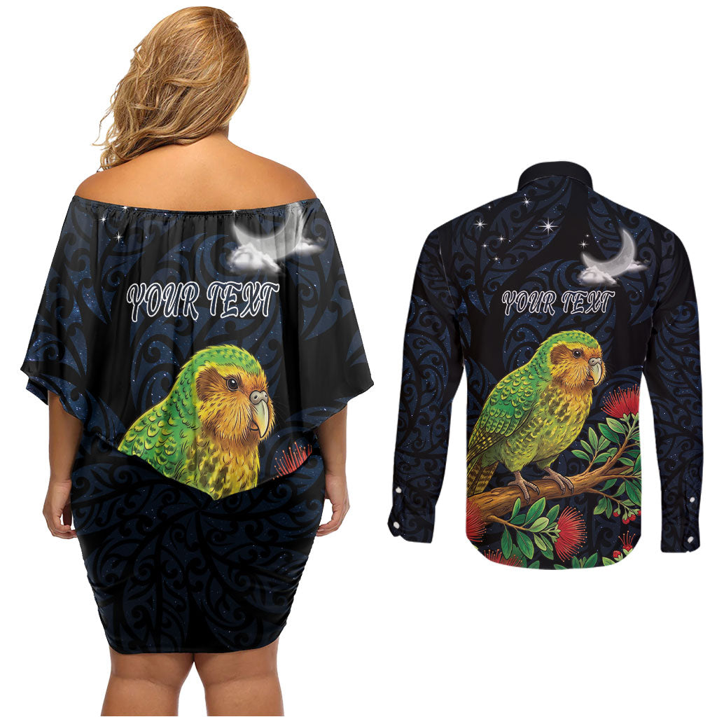 New Zealand Kakapo Matariki Personalised Couples Matching Off Shoulder Short Dress and Long Sleeve Button Shirt Pohutukawa Flower Galaxy Maori Pattern LT22 - Polynesian Pride