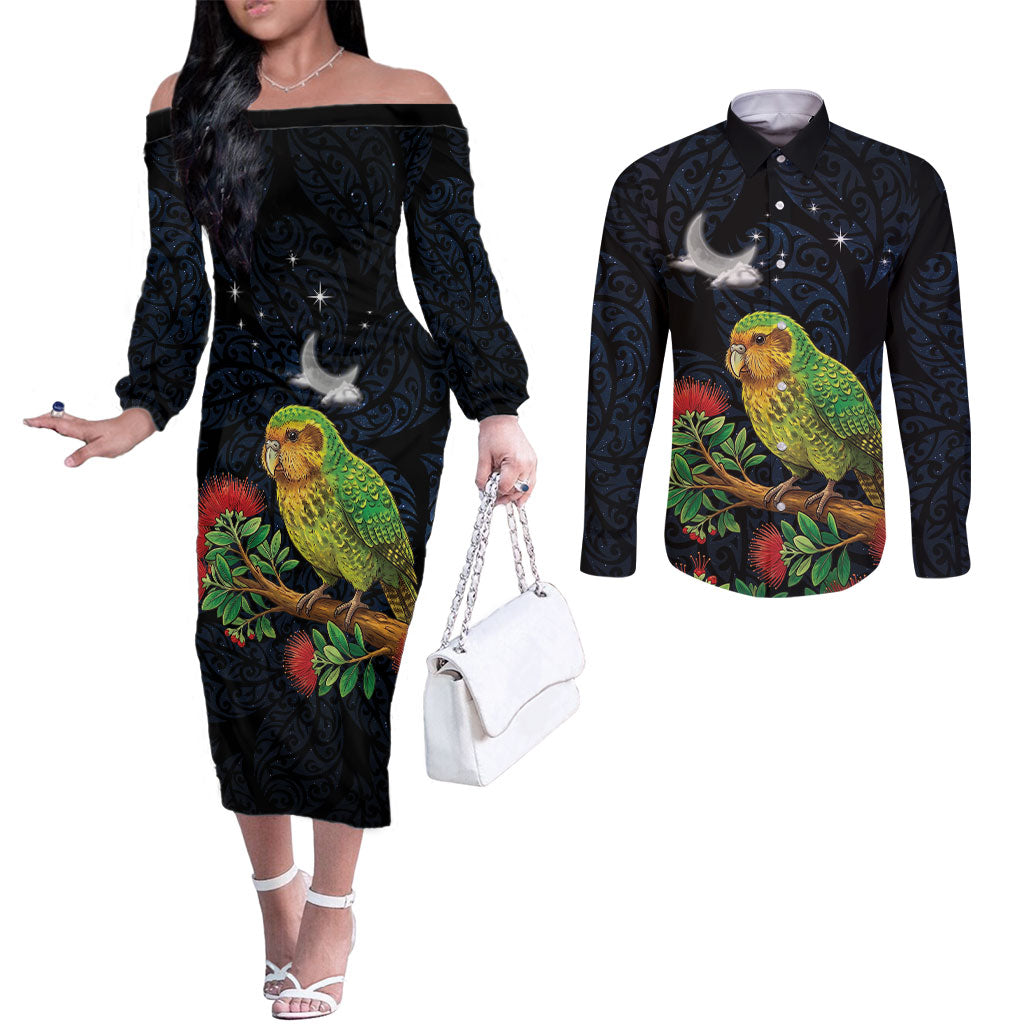 New Zealand Kakapo Matariki Personalised Couples Matching Off The Shoulder Long Sleeve Dress and Long Sleeve Button Shirt Pohutukawa Flower Galaxy Maori Pattern