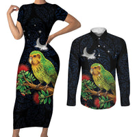 New Zealand Kakapo Matariki Personalised Couples Matching Short Sleeve Bodycon Dress and Long Sleeve Button Shirt Pohutukawa Flower Galaxy Maori Pattern LT22 Black - Polynesian Pride