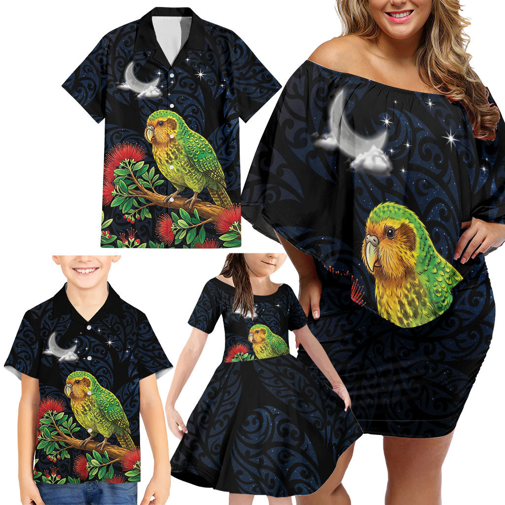 New Zealand Kakapo Matariki Personalised Family Matching Off Shoulder Short Dress and Hawaiian Shirt Pohutukawa Flower Galaxy Maori Pattern LT22 - Polynesian Pride