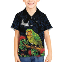 New Zealand Kakapo Matariki Personalised Family Matching Off Shoulder Short Dress and Hawaiian Shirt Pohutukawa Flower Galaxy Maori Pattern LT22 Son's Shirt Black - Polynesian Pride