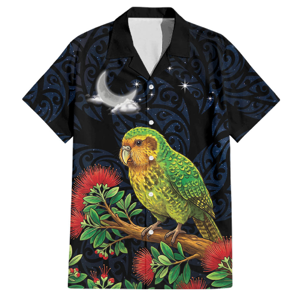 New Zealand Kakapo Matariki Personalised Family Matching Puletasi and Hawaiian Shirt Pohutukawa Flower Galaxy Maori Pattern LT22 Dad's Shirt - Short Sleeve Black - Polynesian Pride