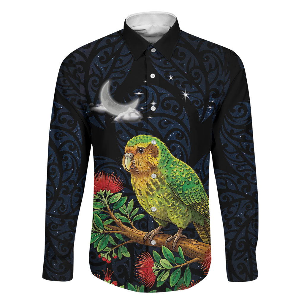 New Zealand Kakapo Matariki Personalised Family Matching Puletasi and Hawaiian Shirt Pohutukawa Flower Galaxy Maori Pattern LT22 Dad's Shirt - Long Sleeve Black - Polynesian Pride