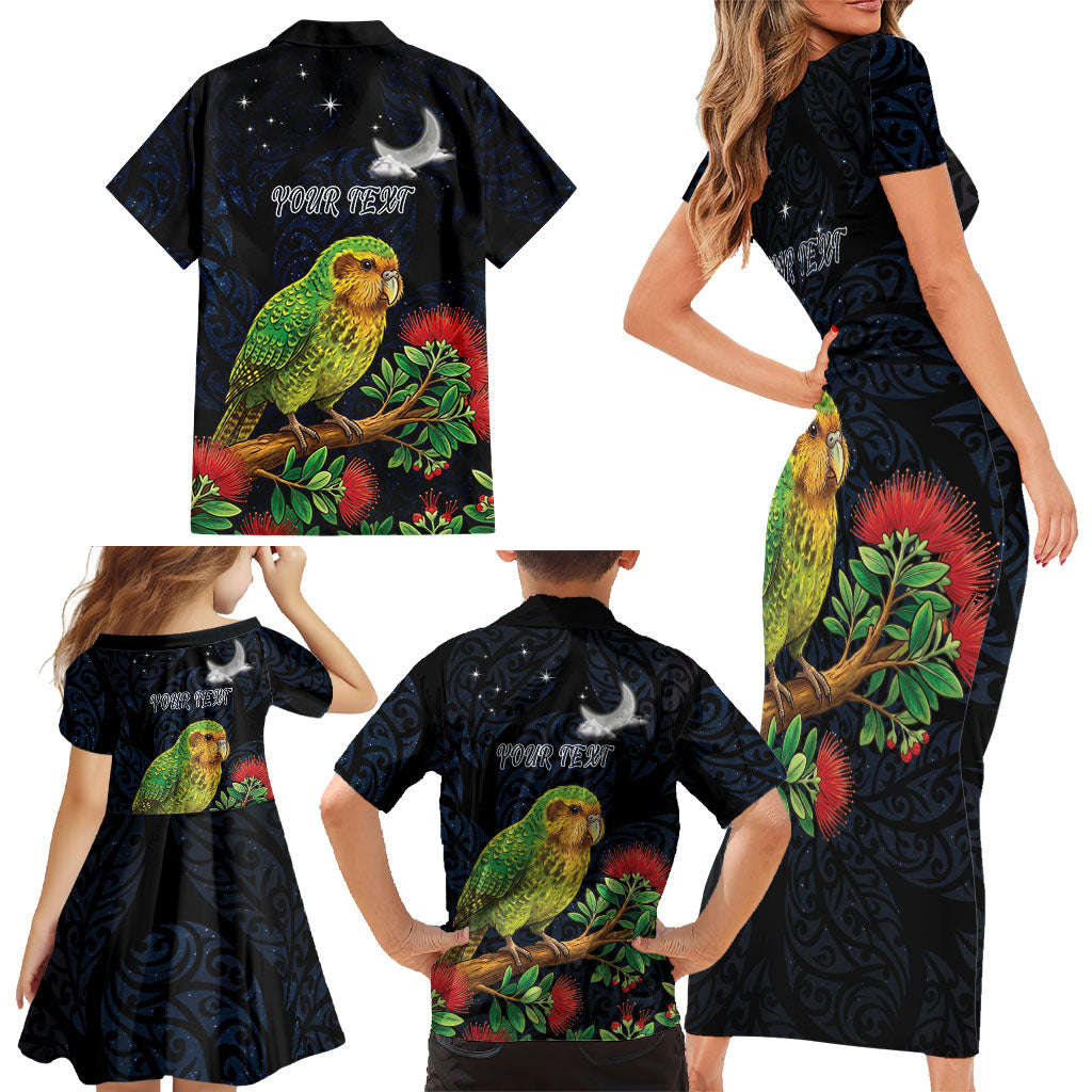 New Zealand Kakapo Matariki Personalised Family Matching Short Sleeve Bodycon Dress and Hawaiian Shirt Pohutukawa Flower Galaxy Maori Pattern LT22 - Polynesian Pride