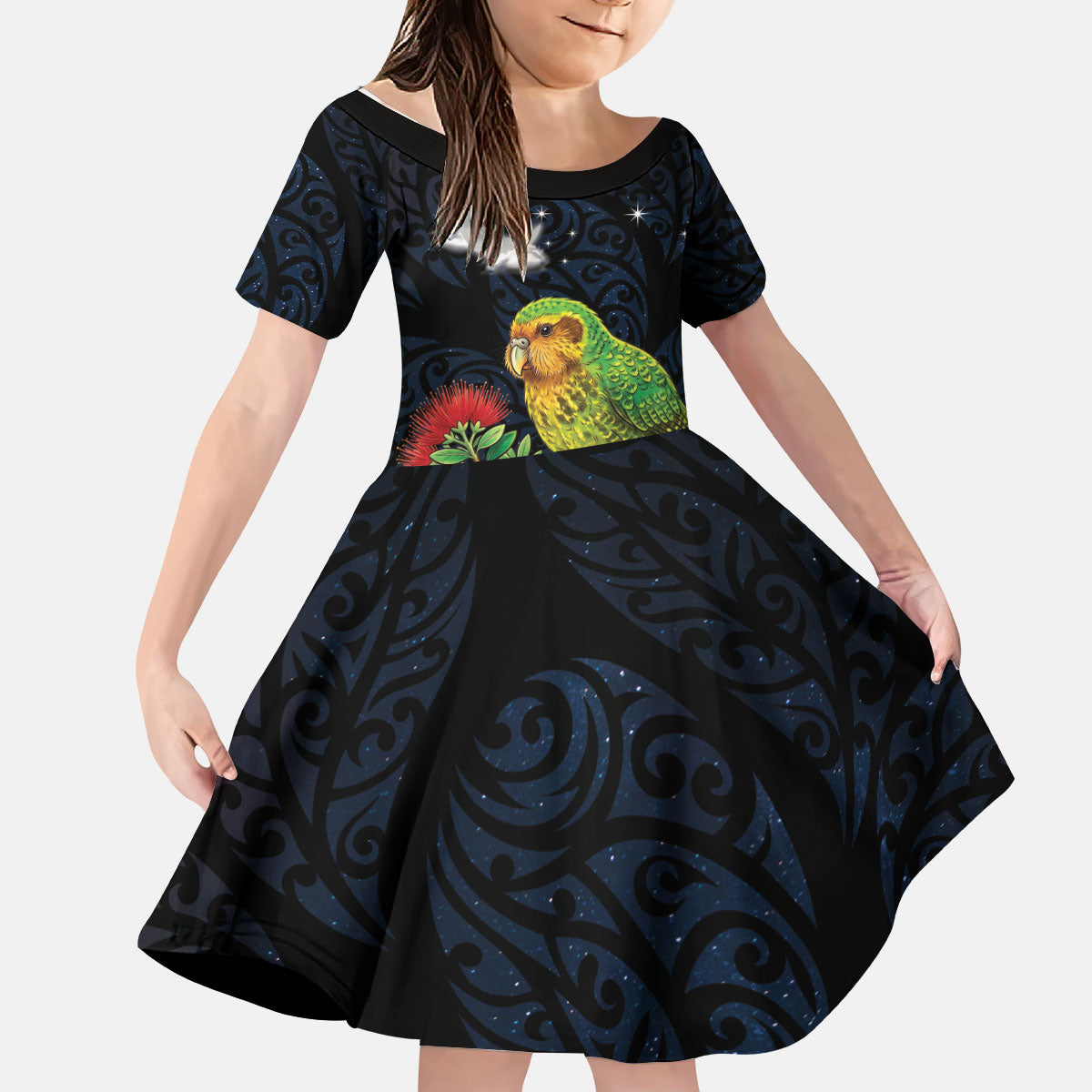 New Zealand Kakapo Matariki Personalised Kid Short Sleeve Dress Pohutukawa Flower Galaxy Maori Pattern LT22 KID Black - Polynesian Pride