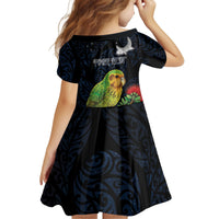 New Zealand Kakapo Matariki Personalised Kid Short Sleeve Dress Pohutukawa Flower Galaxy Maori Pattern LT22 - Polynesian Pride