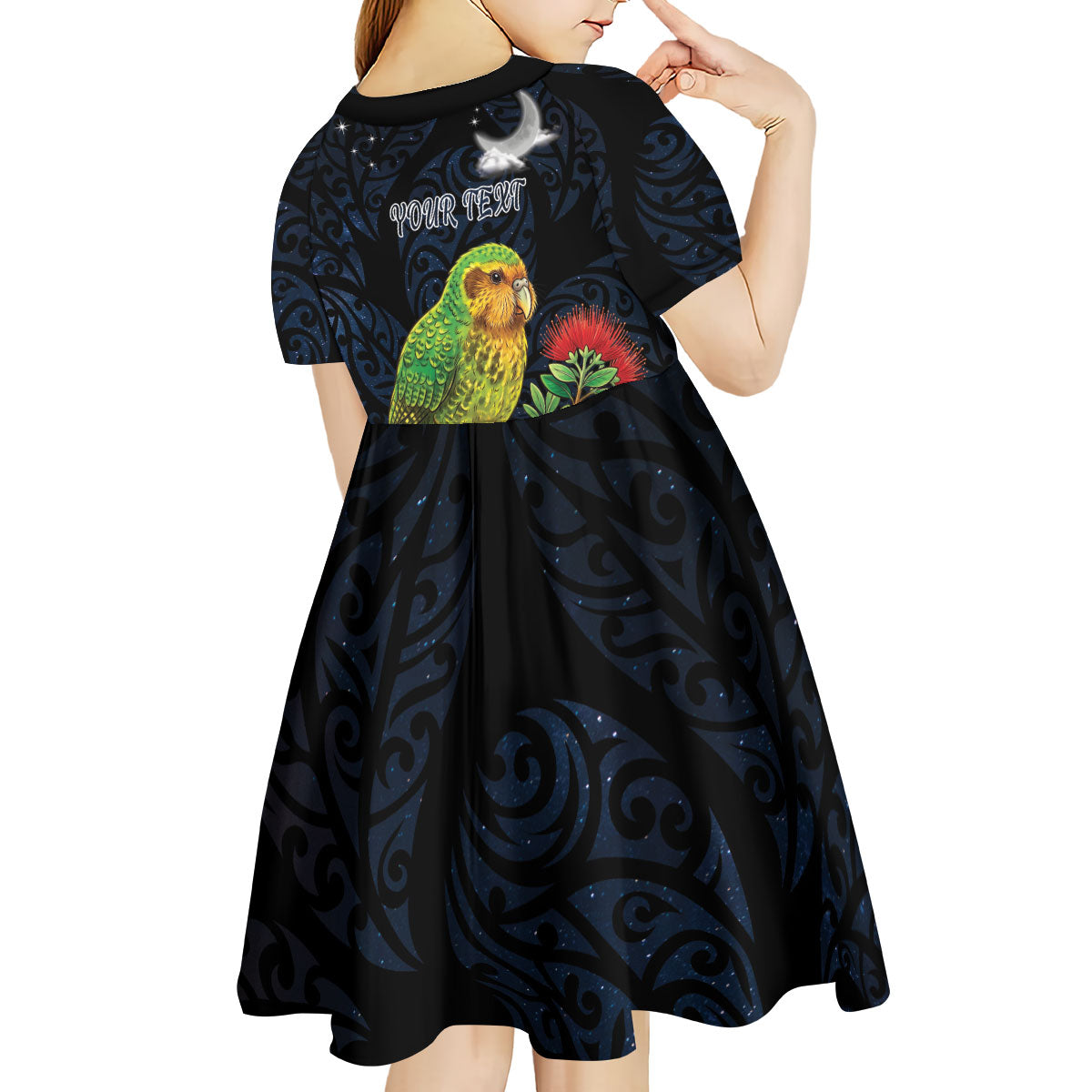 New Zealand Kakapo Matariki Personalised Kid Short Sleeve Dress Pohutukawa Flower Galaxy Maori Pattern LT22 - Polynesian Pride