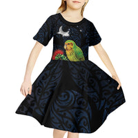New Zealand Kakapo Matariki Personalised Kid Short Sleeve Dress Pohutukawa Flower Galaxy Maori Pattern LT22 - Polynesian Pride