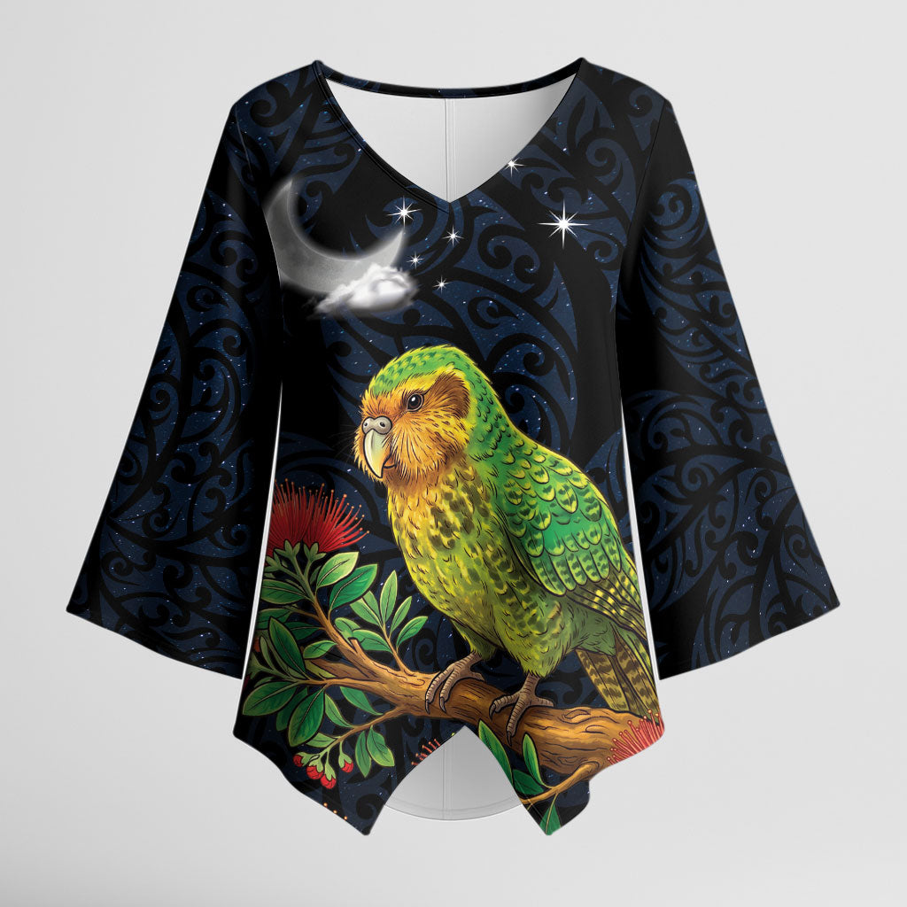 New Zealand Kakapo Matariki Personalised Kimono Sleeve Blouse Pohutukawa Flower Galaxy Maori Pattern