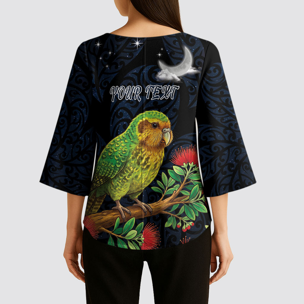 New Zealand Kakapo Matariki Personalised Kimono Sleeve Blouse Pohutukawa Flower Galaxy Maori Pattern