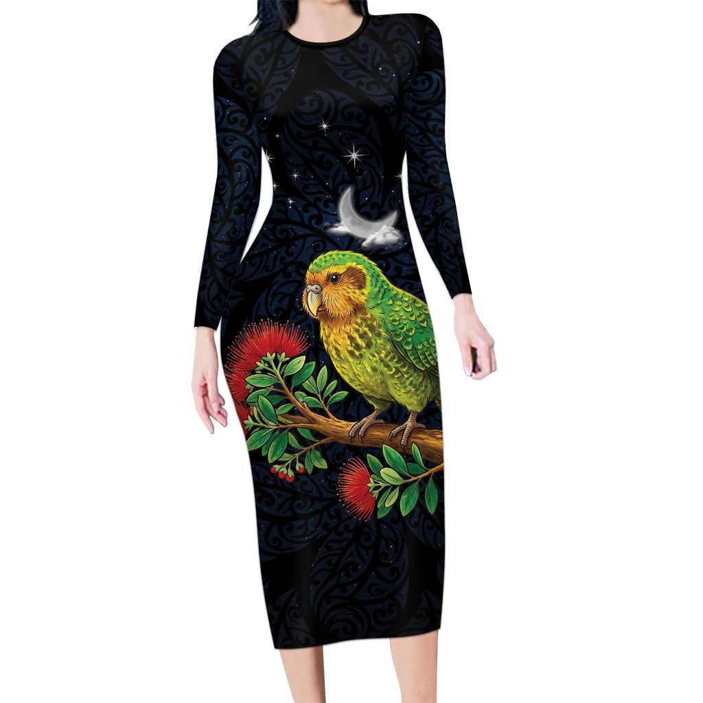 New Zealand Kakapo Matariki Personalised Long Sleeve Bodycon Dress Pohutukawa Flower Galaxy Maori Pattern