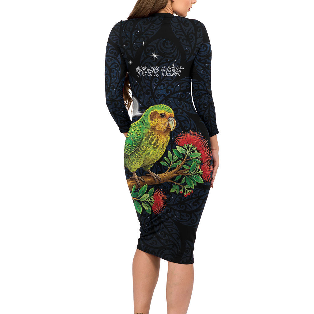 New Zealand Kakapo Matariki Personalised Long Sleeve Bodycon Dress Pohutukawa Flower Galaxy Maori Pattern