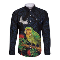 New Zealand Kakapo Matariki Personalised Long Sleeve Button Shirt Pohutukawa Flower Galaxy Maori Pattern
