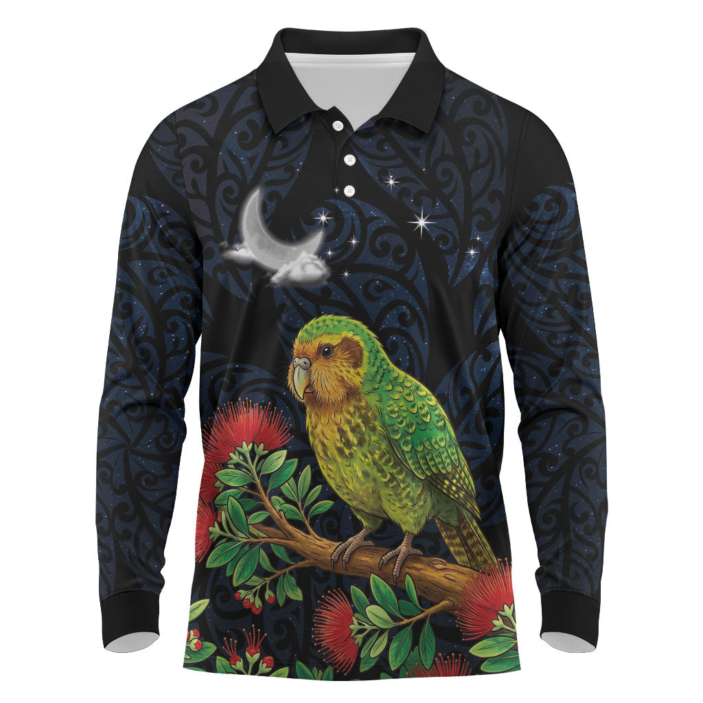 New Zealand Kakapo Matariki Personalised Long Sleeve Polo Shirt Pohutukawa Flower Galaxy Maori Pattern