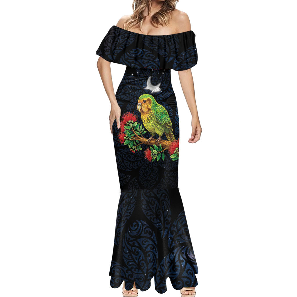 New Zealand Kakapo Matariki Personalised Mermaid Dress Pohutukawa Flower Galaxy Maori Pattern