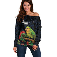 New Zealand Kakapo Matariki Personalised Off Shoulder Sweater Pohutukawa Flower Galaxy Maori Pattern