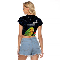 New Zealand Kakapo Matariki Personalised Raglan Cropped T Shirt Pohutukawa Flower Galaxy Maori Pattern