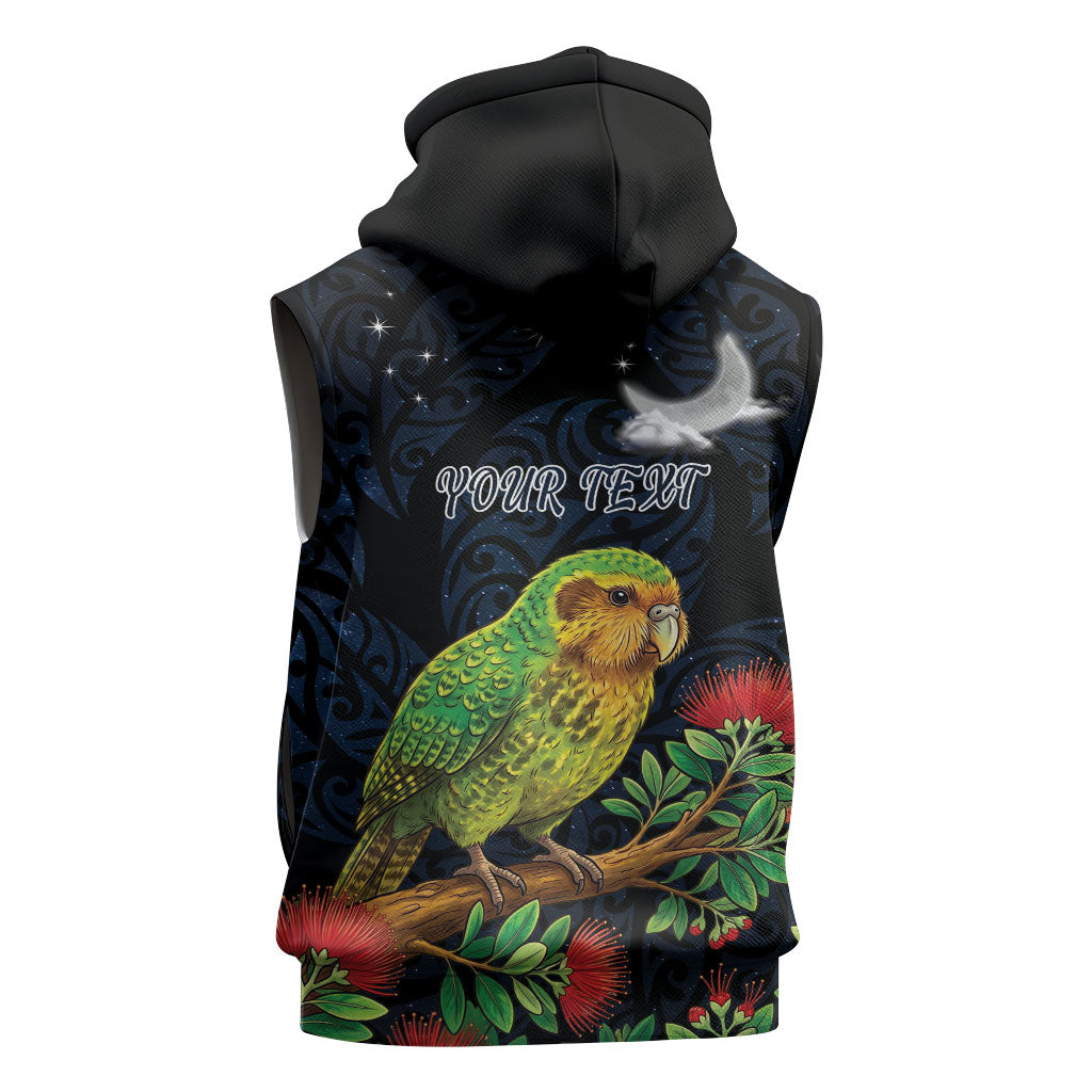 New Zealand Kakapo Matariki Personalised Sleeveless Hoodie Pohutukawa Flower Galaxy Maori Pattern