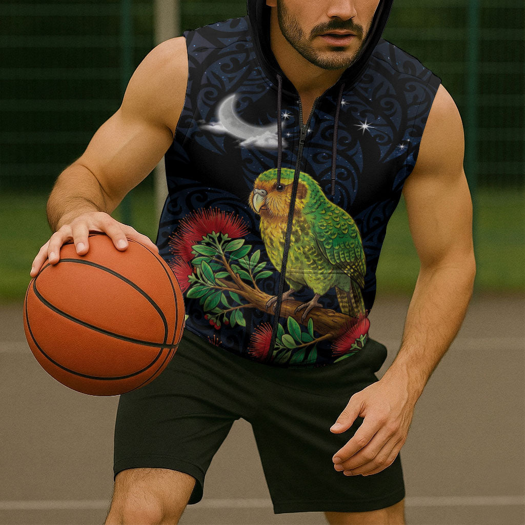 New Zealand Kakapo Matariki Personalised Sleeveless Zip Hoodie Pohutukawa Flower Galaxy Maori Pattern