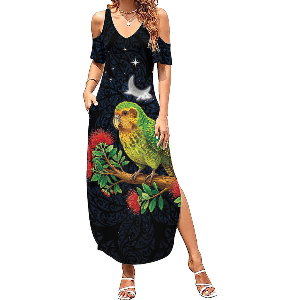 New Zealand Kakapo Matariki Personalised Summer Maxi Dress Pohutukawa Flower Galaxy Maori Pattern