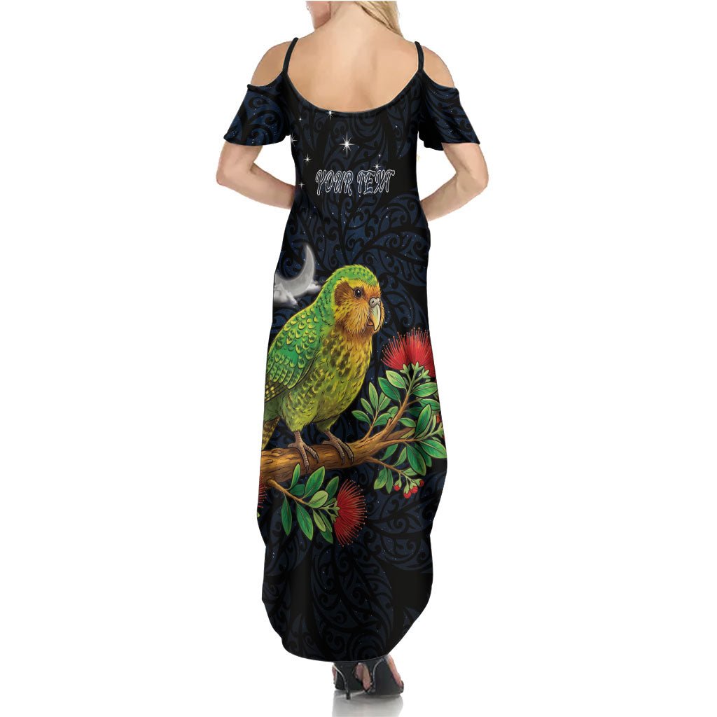 New Zealand Kakapo Matariki Personalised Summer Maxi Dress Pohutukawa Flower Galaxy Maori Pattern