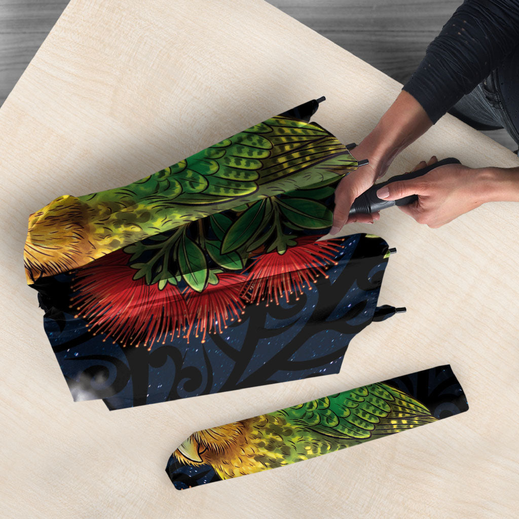 New Zealand Kakapo Matariki Personalised Umbrella Pohutukawa Flower Galaxy Maori Pattern